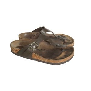 Birkenstock Gizeh Birko Flor Brown Olive Sandals Thong Slides Women’s Size 38